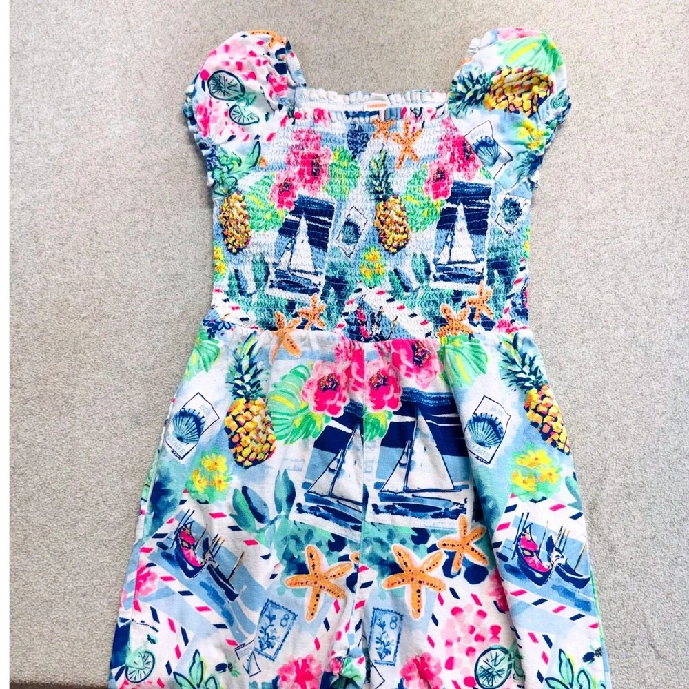Gymboree Girls Size 12 Linen Blend Smocked Nautical Tropical Wide Leg Jumpsuit